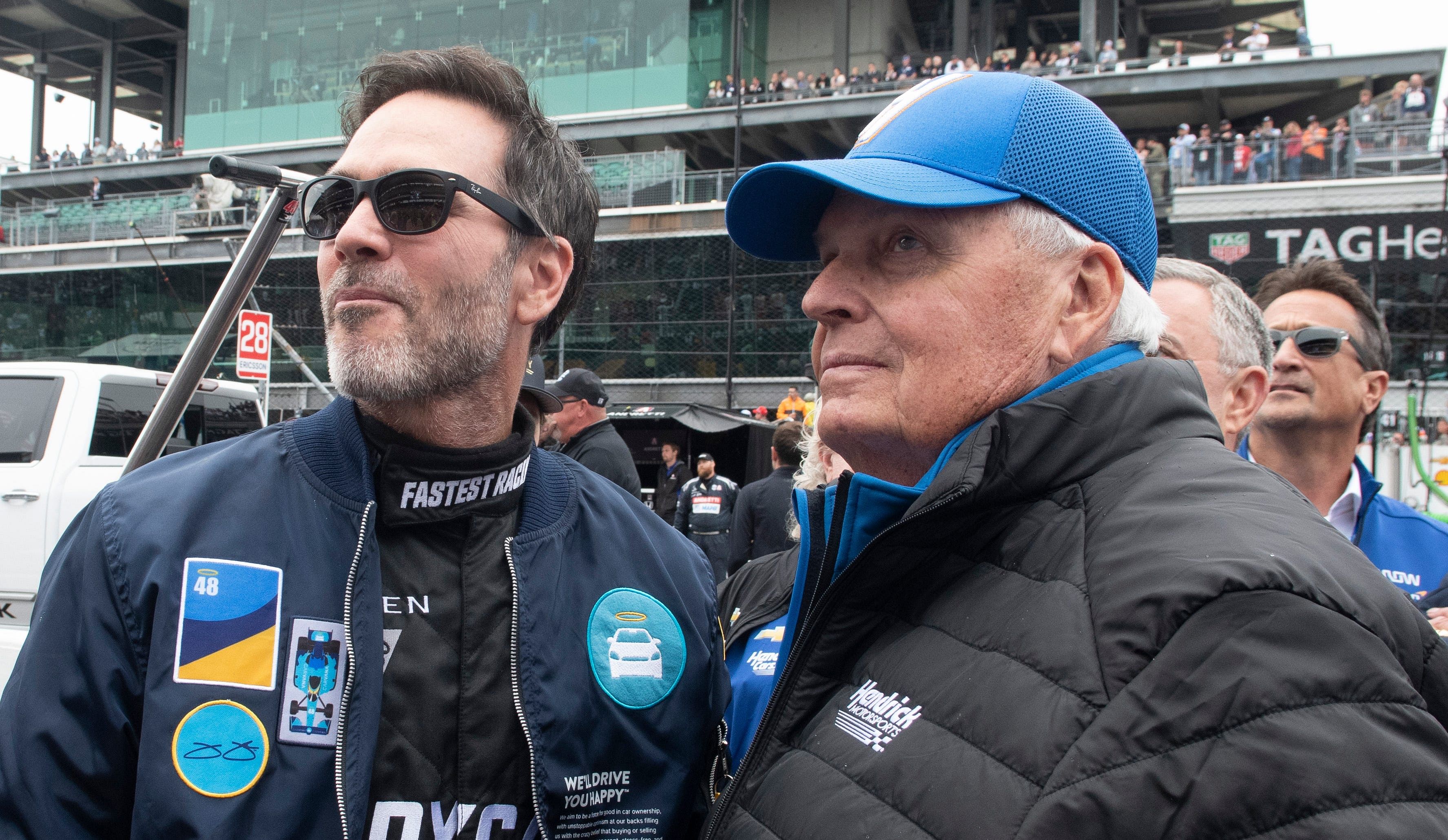 Jimmie Johnson stands next to Rick Hendrick before the Indianapolis 500. Source: Imagn